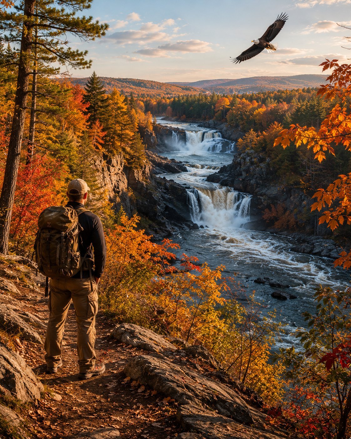 A hiker on the Rumford Falls Trail with a bald eagle overhead