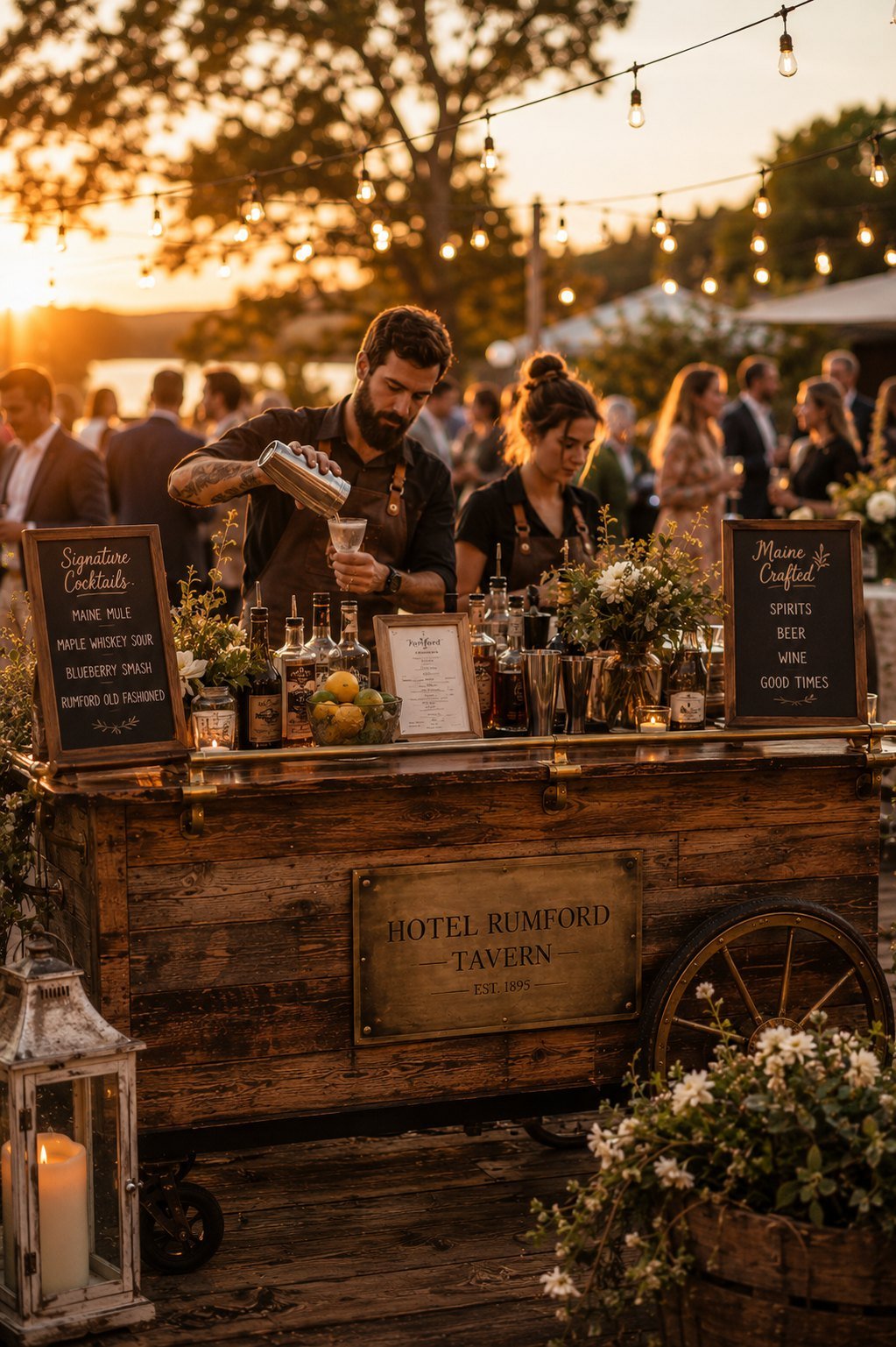 A mobile bar at an elegant outdoor Maine wedding at golden hour