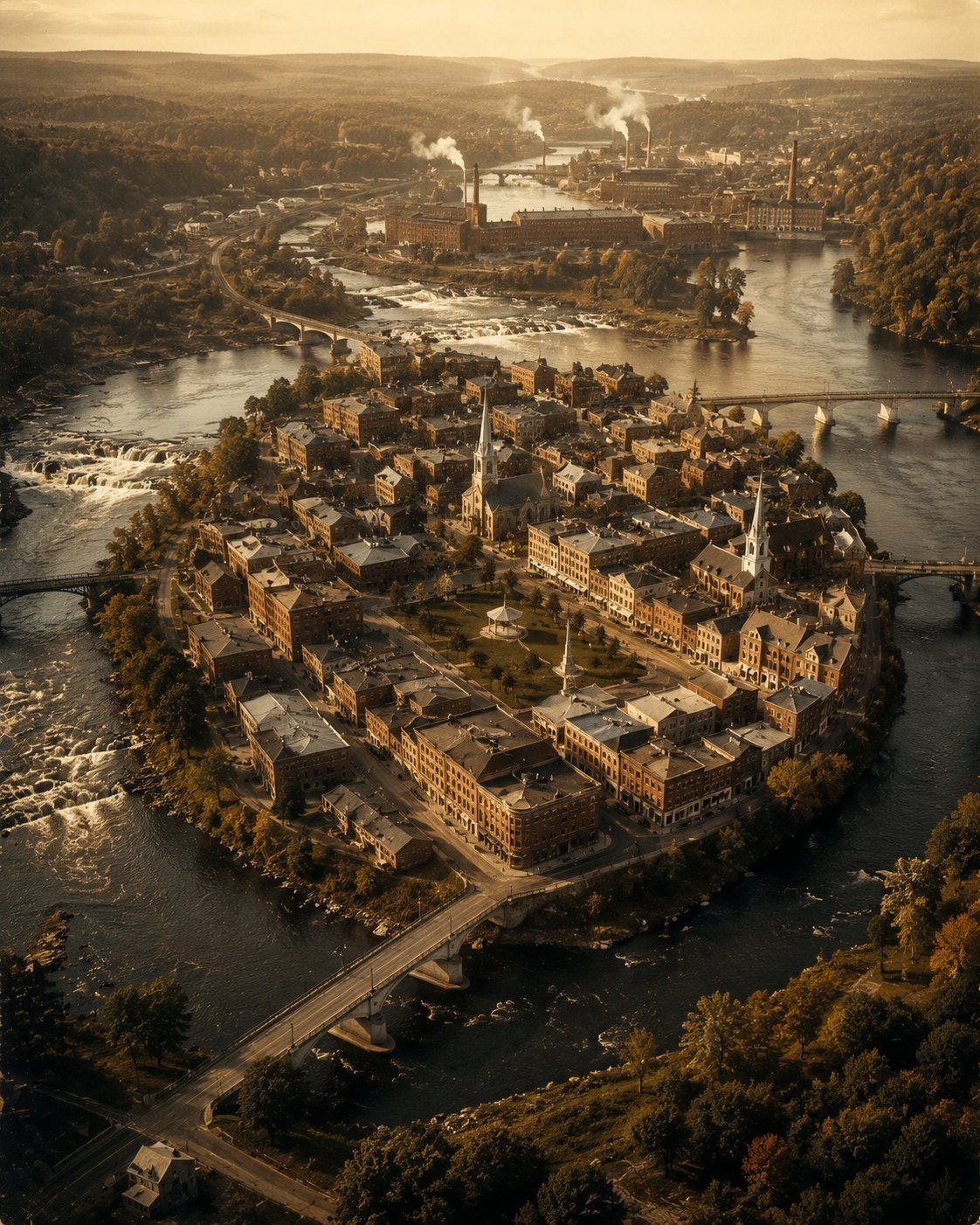 Aerial view of Rumford's historic downtown business island