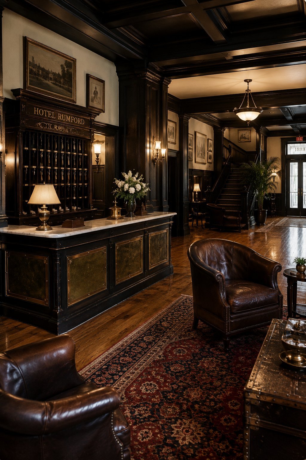 The restored heritage lobby of Hotel Rumford