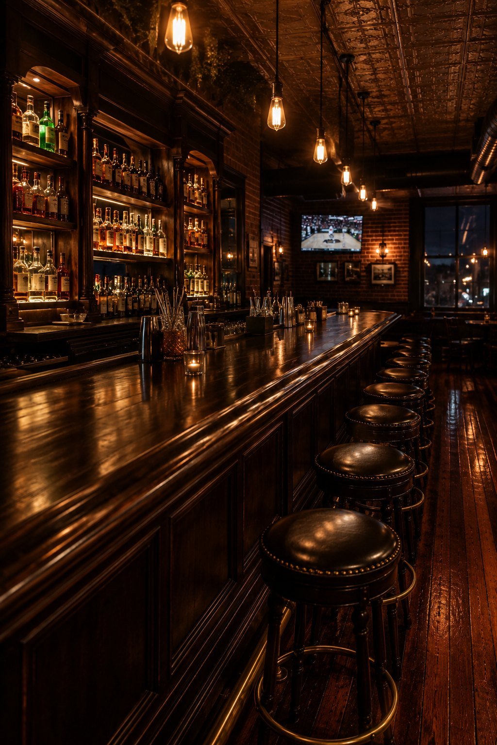 The dark, moody 1888 tavern bar at Hotel Rumford