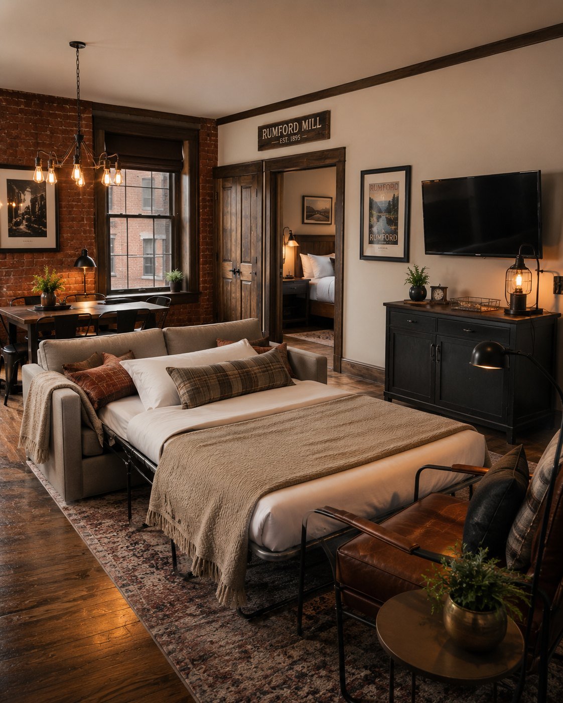 The living room of a King Suite at Hotel Rumford