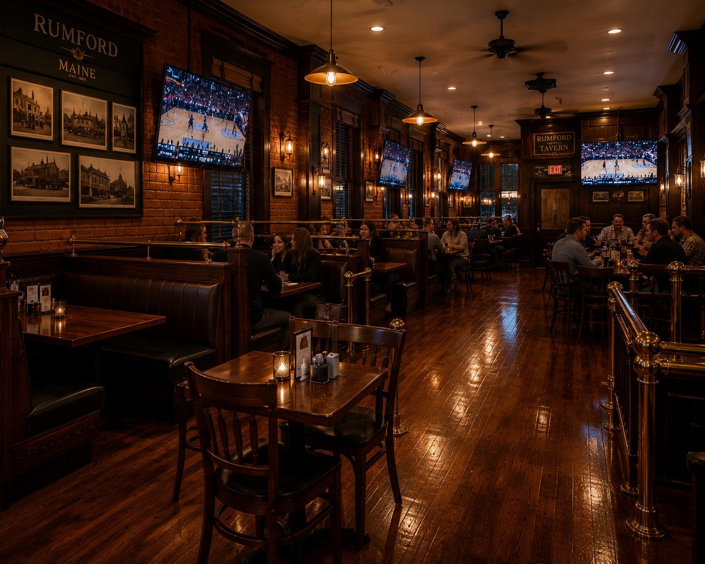 The restored hardwood dining room of the tavern